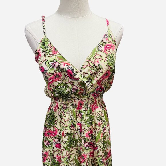 Shore Drive Womens Size Large Boho Floral Hi Low Green Pink Maxi Dress Festival - Picture 3 of 10